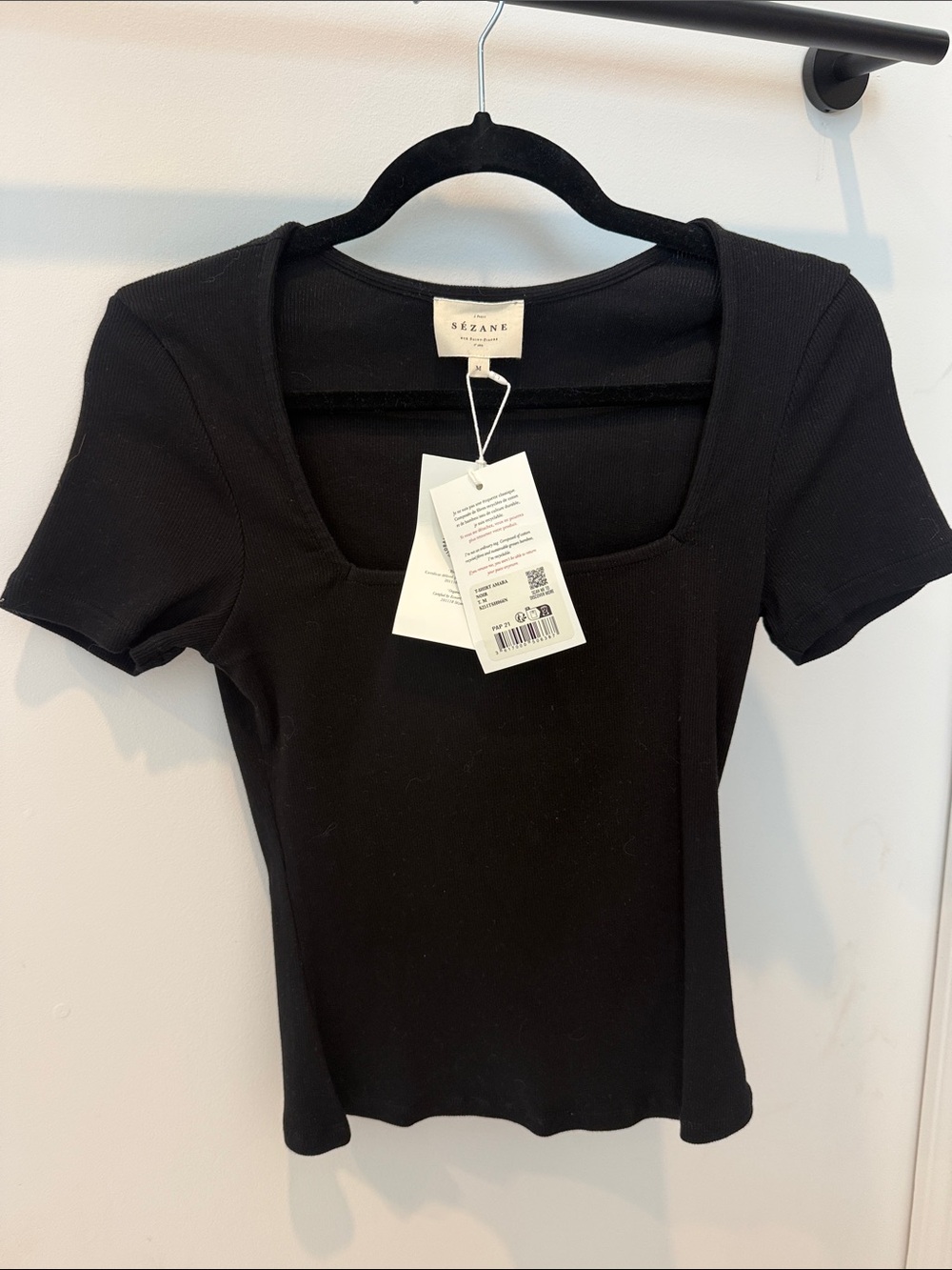 Sezane Black Square Neck Ribbed Short Sleeve Tee
